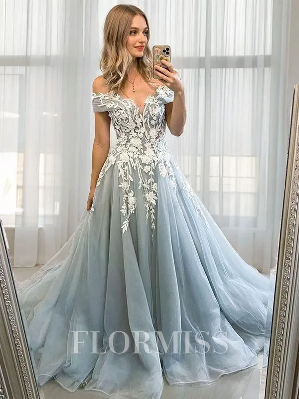 A-Line/Princess Off-the-Shoulder Sweep Train Tulle Prom Dress With Appliques Lace