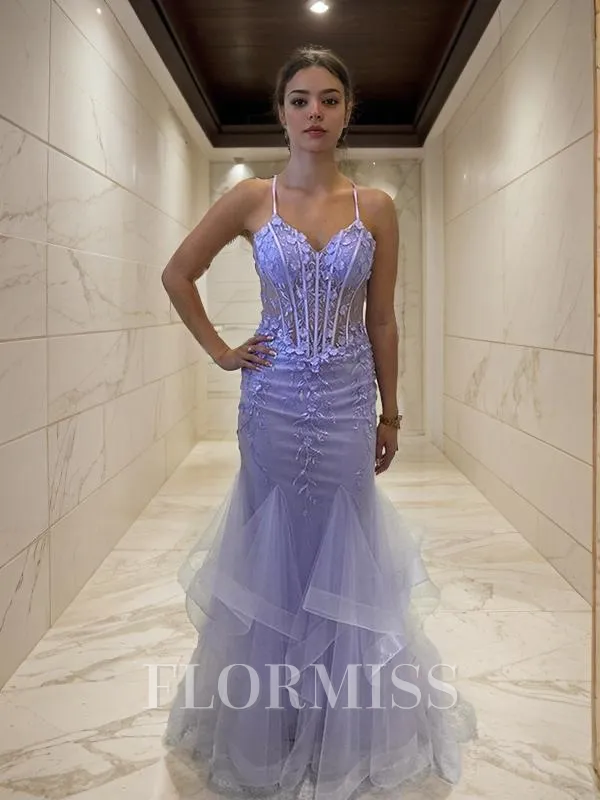 Sheath/Column V-neck Sweep Train Tulle Prom Dress With Ruffles