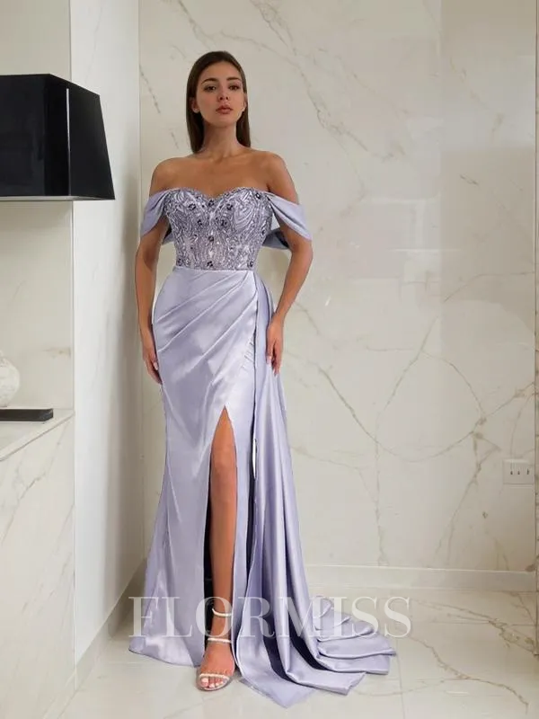 Sheath/Column Off-the-Shoulder Sweep Train Silk Like Satin Prom Dress With Leg Slit