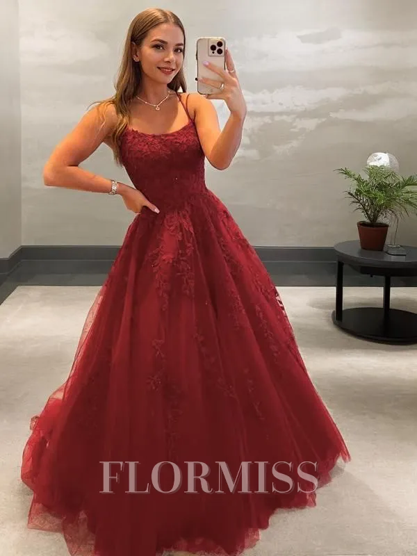 Ball Gown Spaghetti Straps Sweep Train Tulle Prom Dress With Appliques Lace