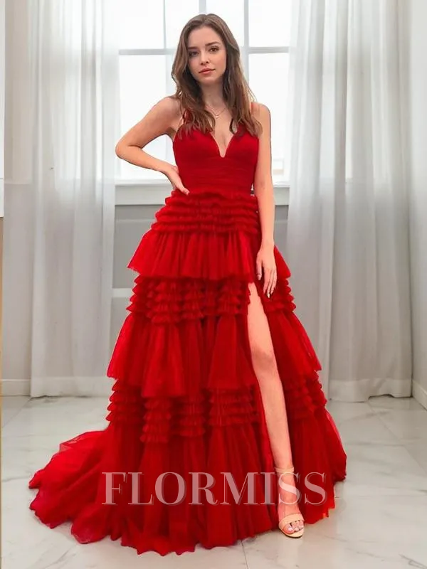 A-Line/Princess V-neck Sweep Train Tulle Prom Dress With Leg Slit