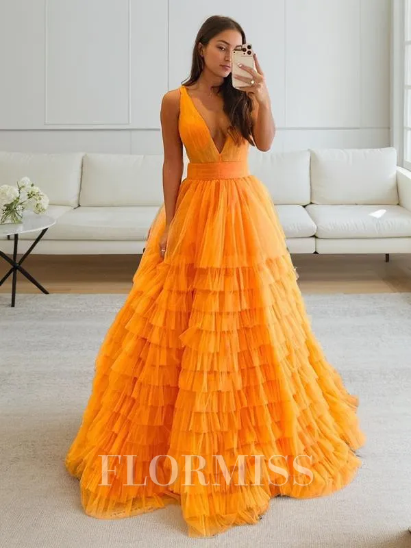 A-Line/Princess V-neck Floor-Length Tulle Prom Dress With Ruffles