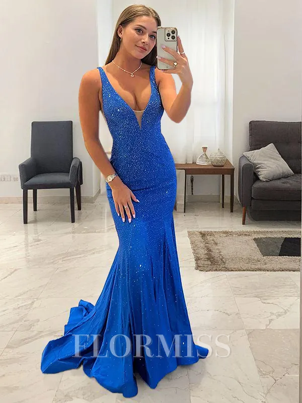 Sheath/Column V-neck Sweep Train Jersey Prom Dress
