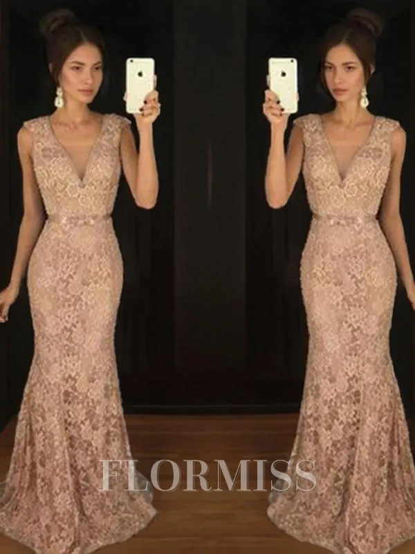 Trumpet/Mermaid V-neck Sweep Train Lace Prom Dress With Belt/Sash