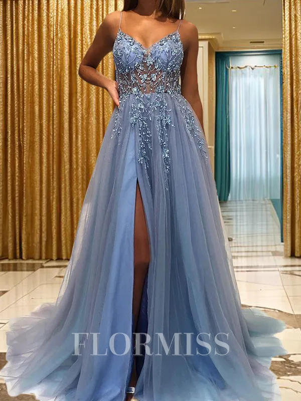 A-Line/Princess V-neck Sweep Train Tulle Prom Dress With Leg Slit