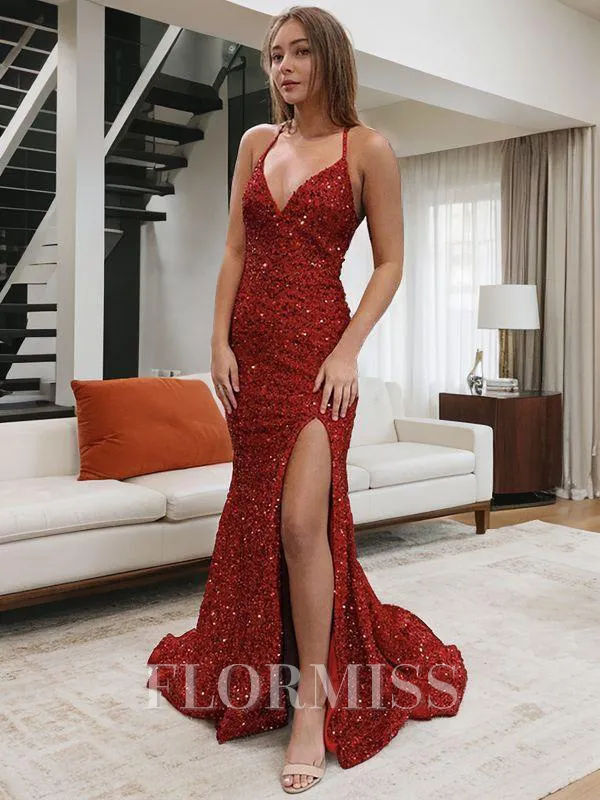 Sheath/Column V-neck Sweep Train Velvet Sequins Prom Dress With Leg Slit