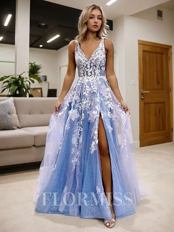 A-Line/Princess V-neck Sweep Train Tulle Prom Dress With Leg Slit
