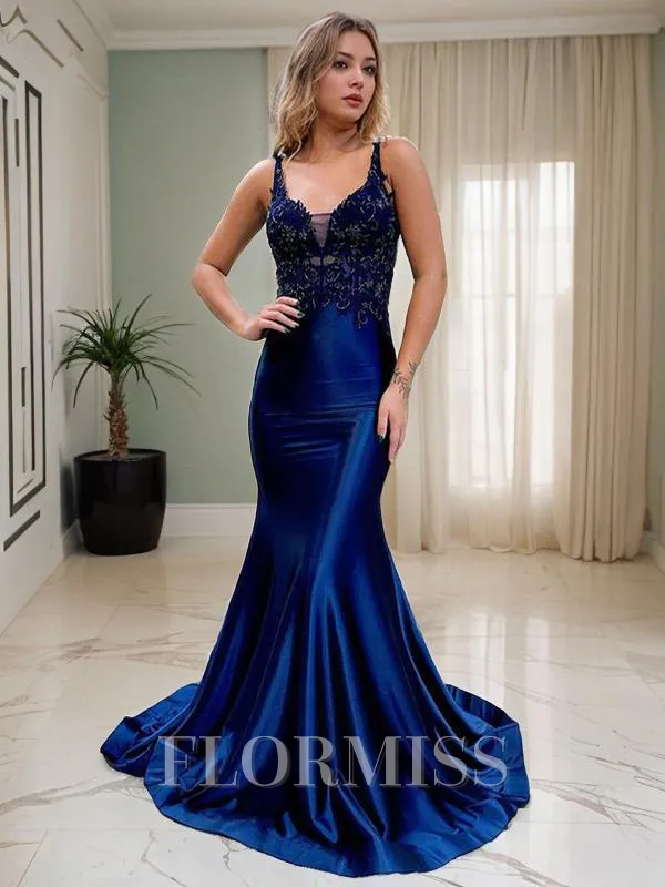 Trumpet/Mermaid V-neck Court Train Silk Like Satin Prom Dress With Appliques Lace