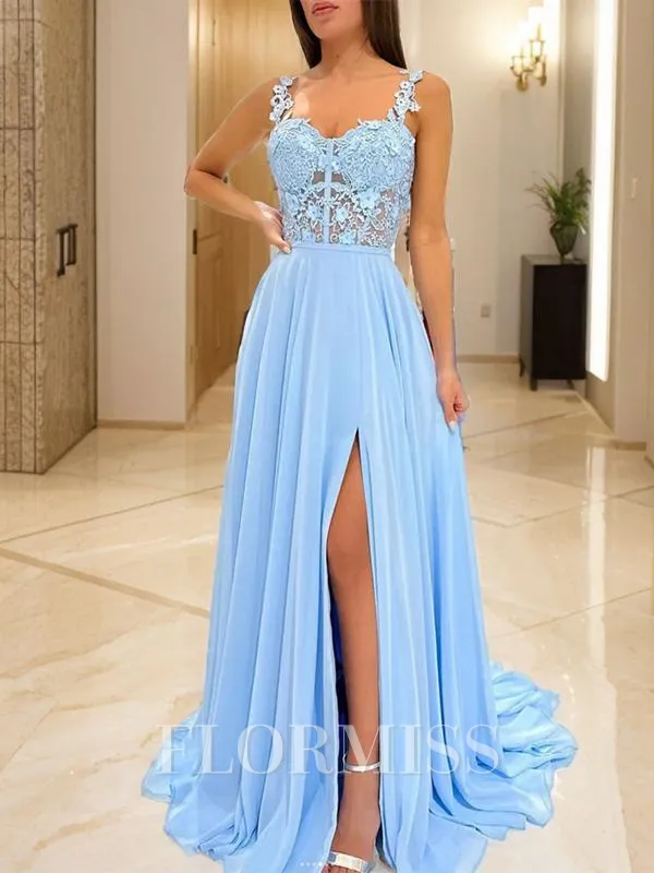 A-Line/Princess Straps Sweep Train Chiffon Prom Dress With Leg Slit