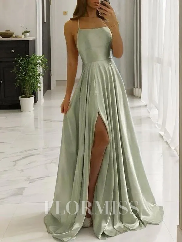 A-Line/Princess Spaghetti Straps Sweep Train Silk like Satin Prom Dress With Leg Slit