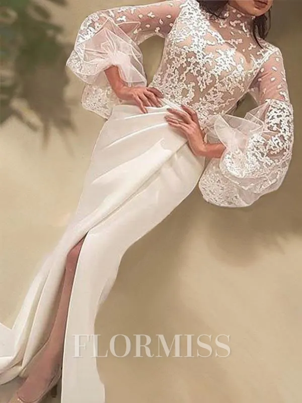 Trumpet/Mermaid High Neck Sweep Train Stretch Crepe Prom Dress With Leg Slit