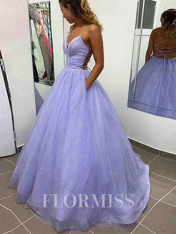 A-Line/Princess V-neck Sweep Train Prom Dress With Pockets