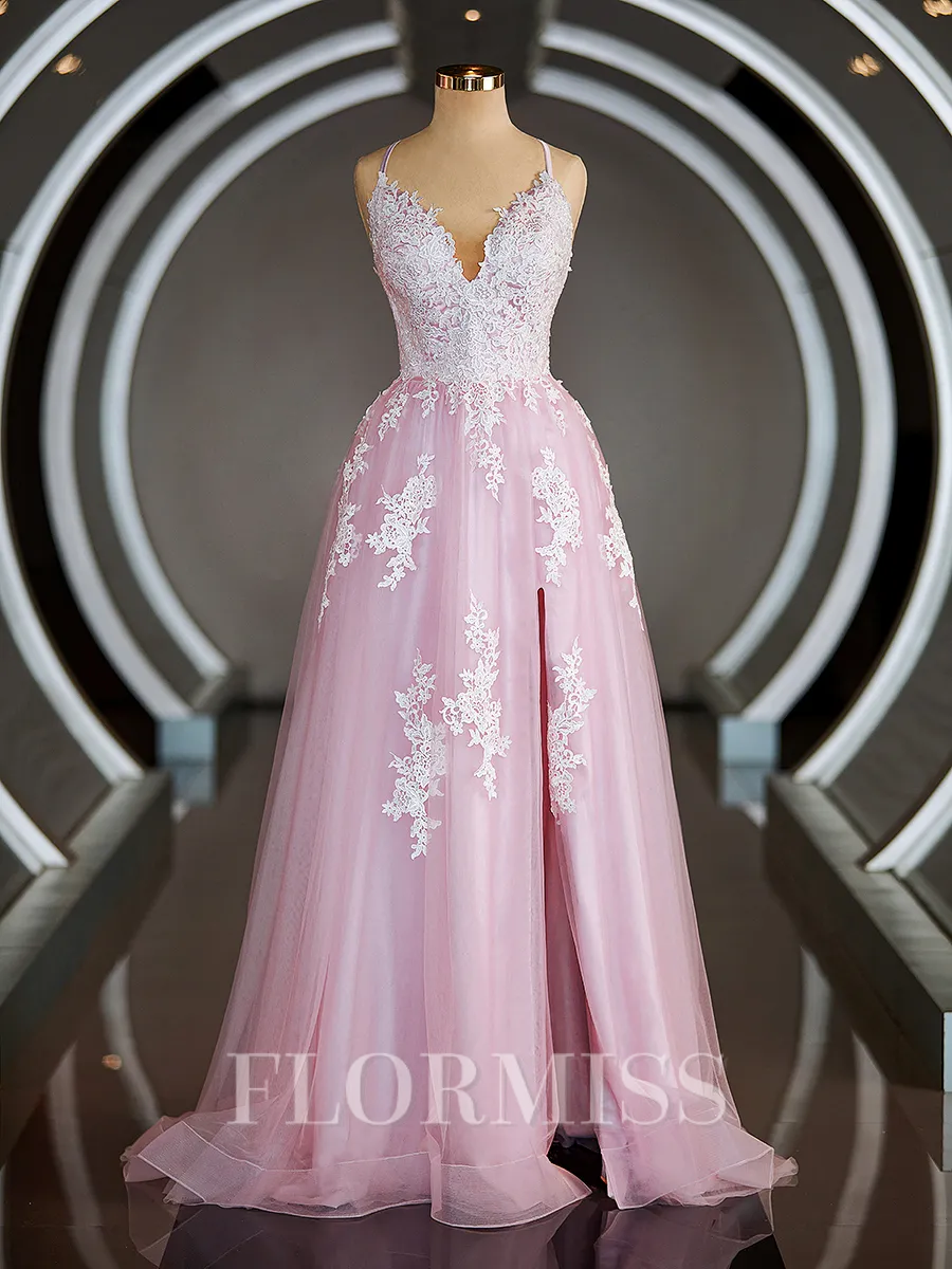 A-Line/Princess V-neck Sweep Train Tulle Prom Dress With Appliques Lace