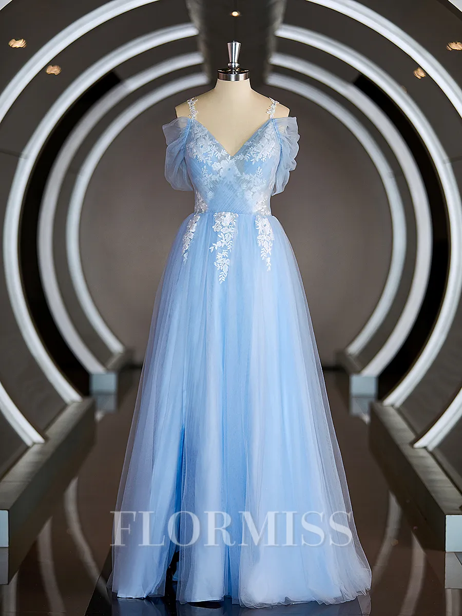 A-Line/Princess V-neck Sweep Train Tulle Prom Dress With Appliques Lace