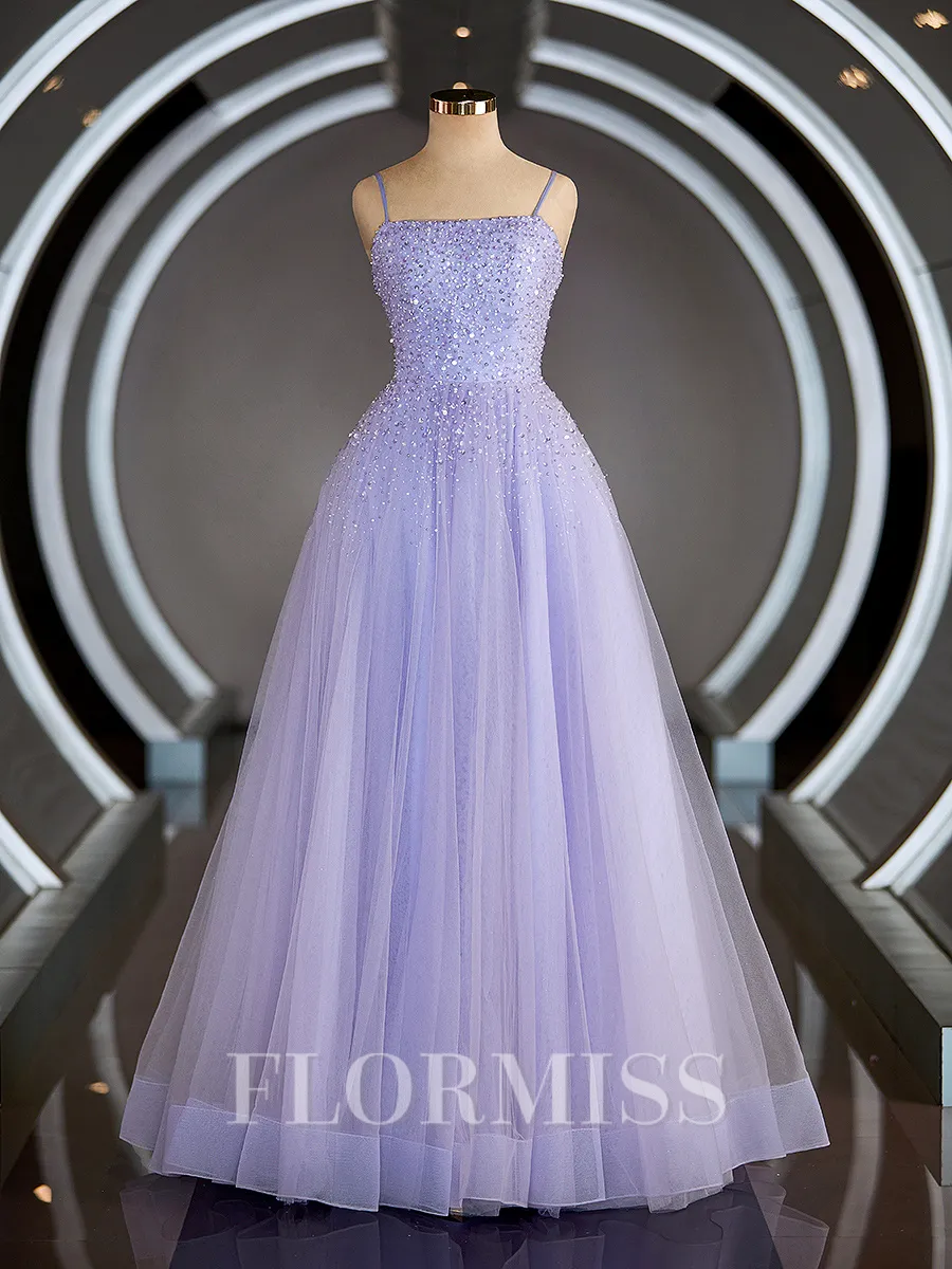 A-Line/Princess Spaghetti Straps Floor-Length Tulle Prom Dress With Beading