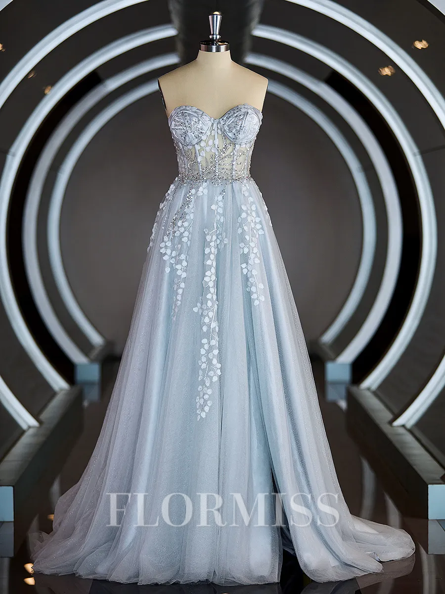 A-Line/Princess V-neck Sweep Train Velvet Sequins Prom Dress With Leg Slit