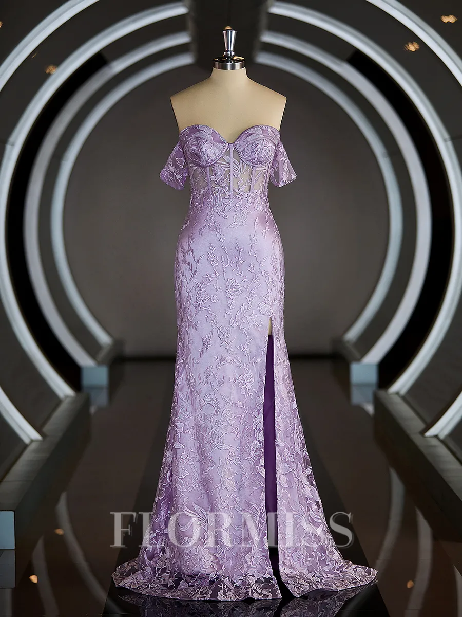 Sheath/Column Off-the-Shoulder Sweep Train Satin Prom Dress With Lace