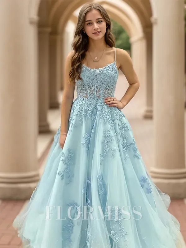 A-line Spaghetti Straps Appliques Lace Floor-Length Tulle Corset Porm Dress
