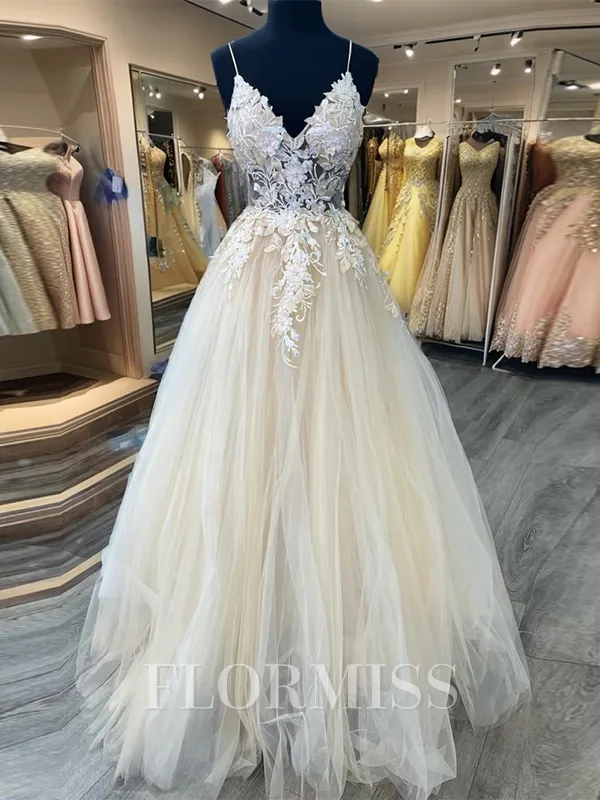 A-line V-neck Appliques Lace Floor-Length Tulle Porm Dress