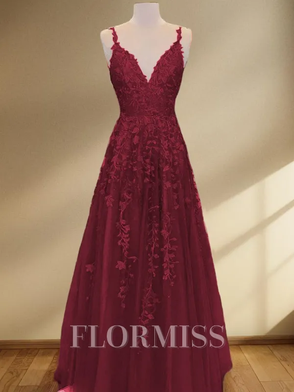 A-Line/Princess V-neck Floor-Length Tulle Prom Dress With Appliques Lace