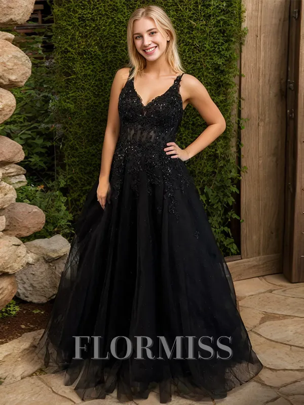 A-line V-neck Appliques Lace Sweep Train Corset Porm Dress