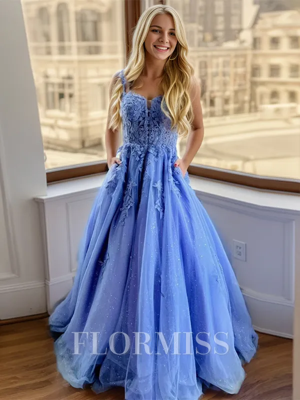 A-line Spaghetti Straps Appliques Lace Floor-Length Porm Dress