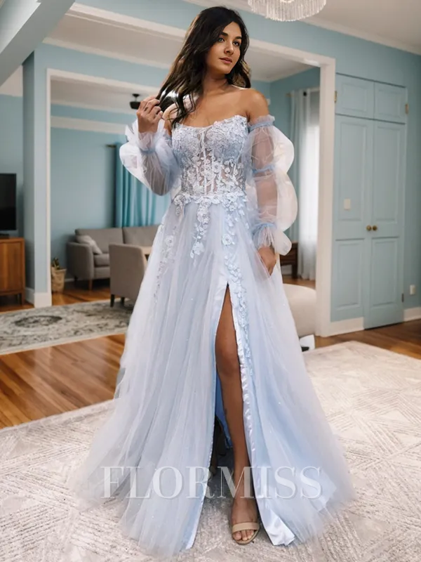 A-line Straight Long Sleeves Appliques Lace Floor-Length Tulle Corset Convertible Porm Dress