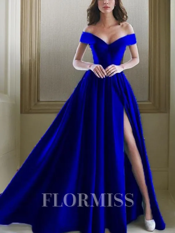A-Line/Princess Off-the-Shoulder Floor-Length Satin Prom Dress With Leg Slit