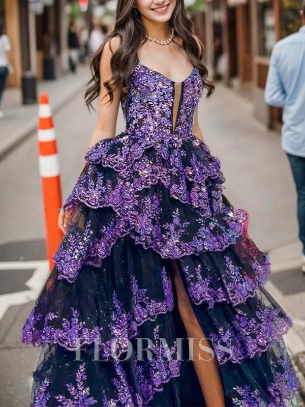 A-line Spaghetti Straps Appliques Lace Sweep Train Tulle Porm Dress