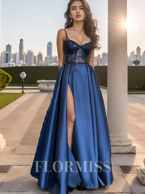 A-line V-neck Appliques Lace Floor-Length Satin Porm Dress