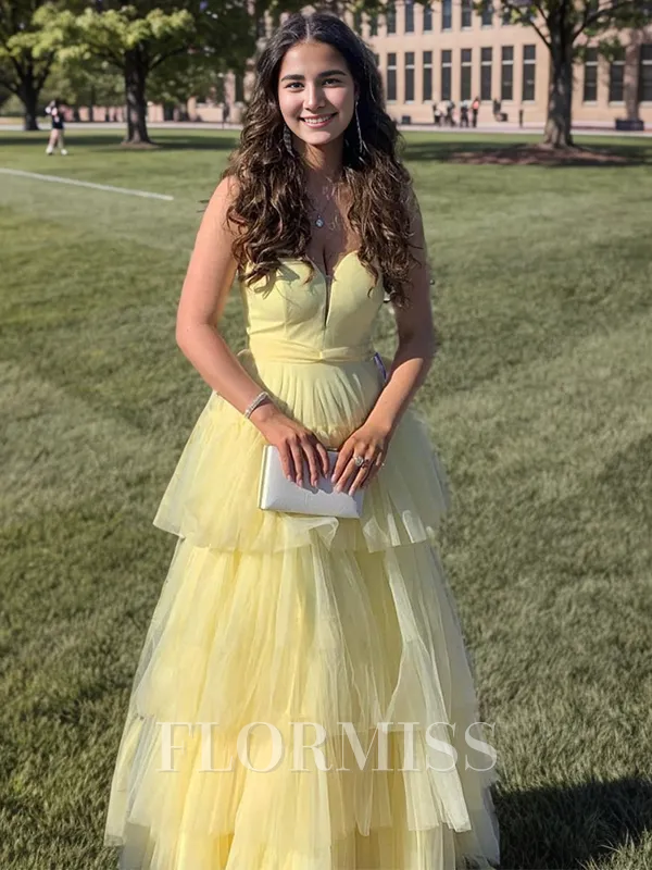 A-line V-neck Cascading Ruffles Floor-Length Tulle Porm Dress