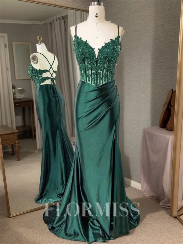 Sheath Spaghetti Straps Appliques Lace Sweep Train Silk Like Satin Corset Porm Dress