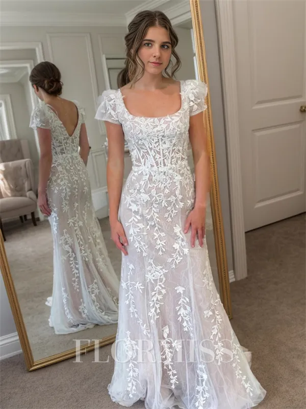 Sheath Square Short Sleeves Appliques Lace Sweep Train Tulle Corset Porm Dress