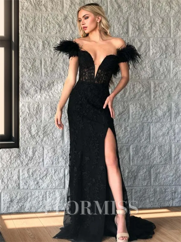 Sheath Off-the-Shoulder Feather Sweep Train Tulle Corset Porm Dress