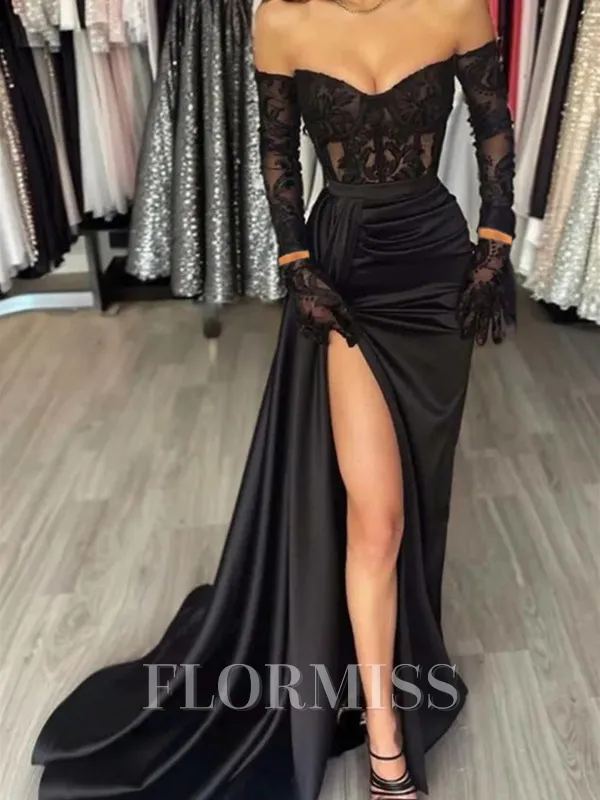 Sheath Sweetheart Long Sleeves Appliques Lace Sweep Train Silk Like Satin Corset Porm Dress