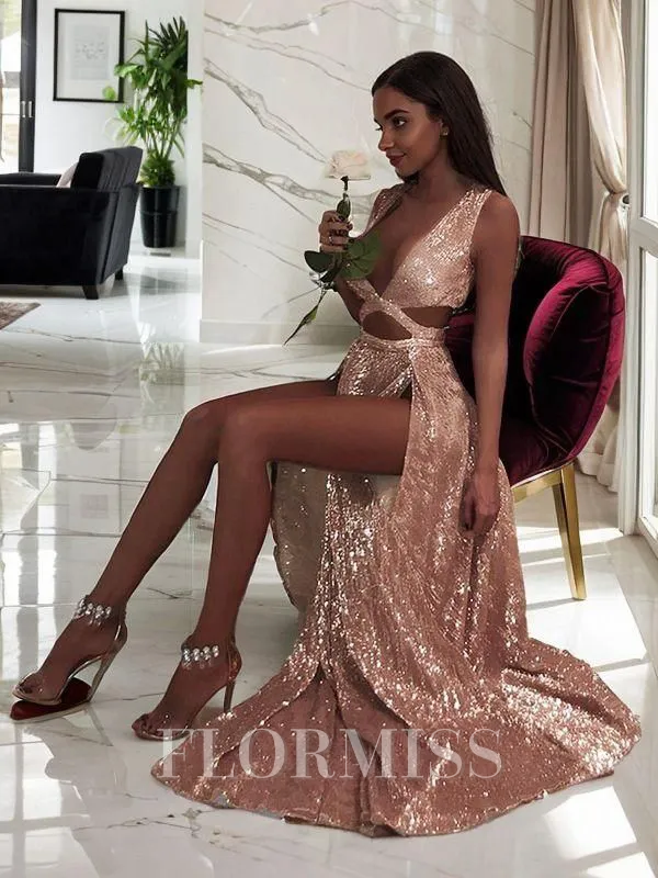 A-Line/Princess V-neck Floor-Length Sequins Prom Dress With Leg Slit