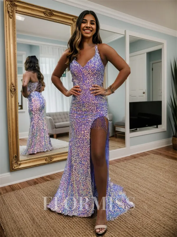 Sheath V-neck Sequin Sweep Train Velvet Sequins Porm Dress