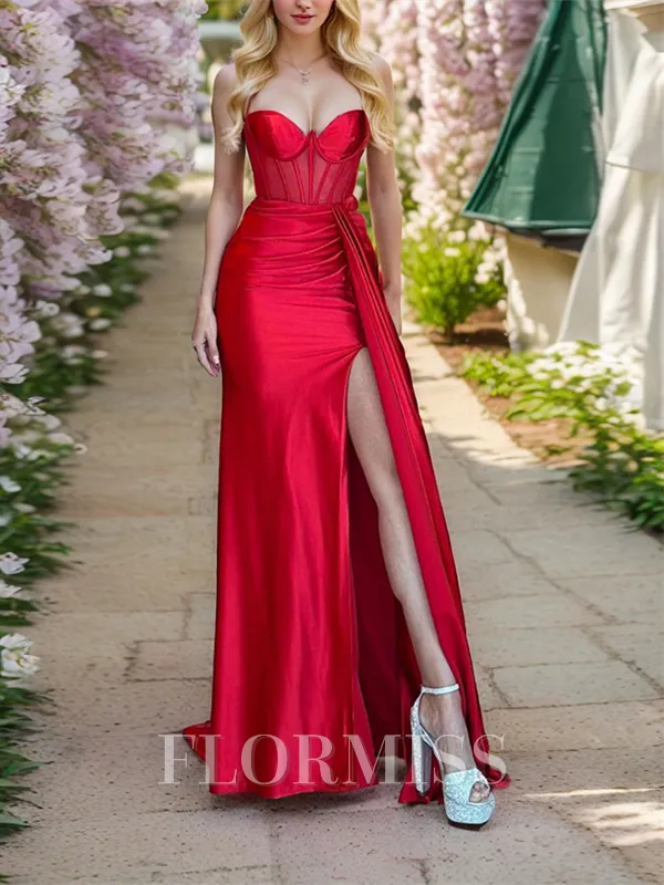 Sheath Spaghetti Straps Pleated Sweep Train Silk Like Satin Corset Porm Dress