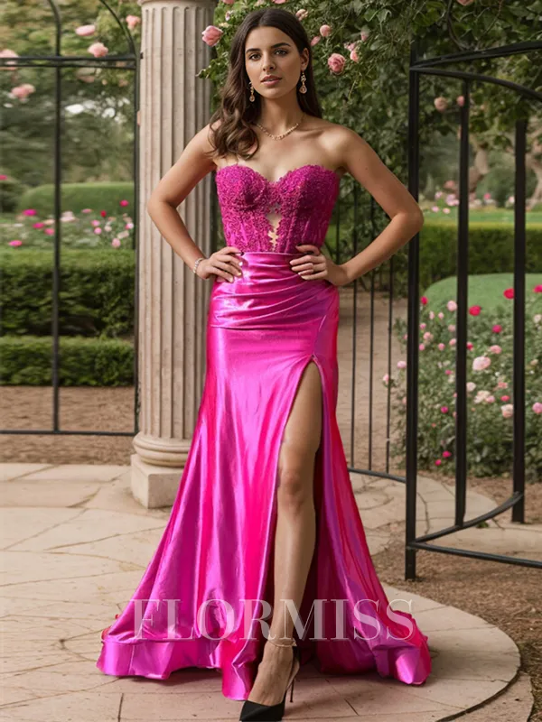 Sheath Sweetheart Appliques Lace Sweep Train Silk Like Satin Corset Porm Dress