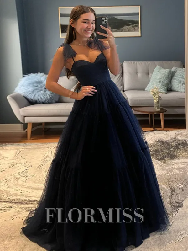 A-line Spaghetti Straps Bow Floor-Length Tulle Porm Dress