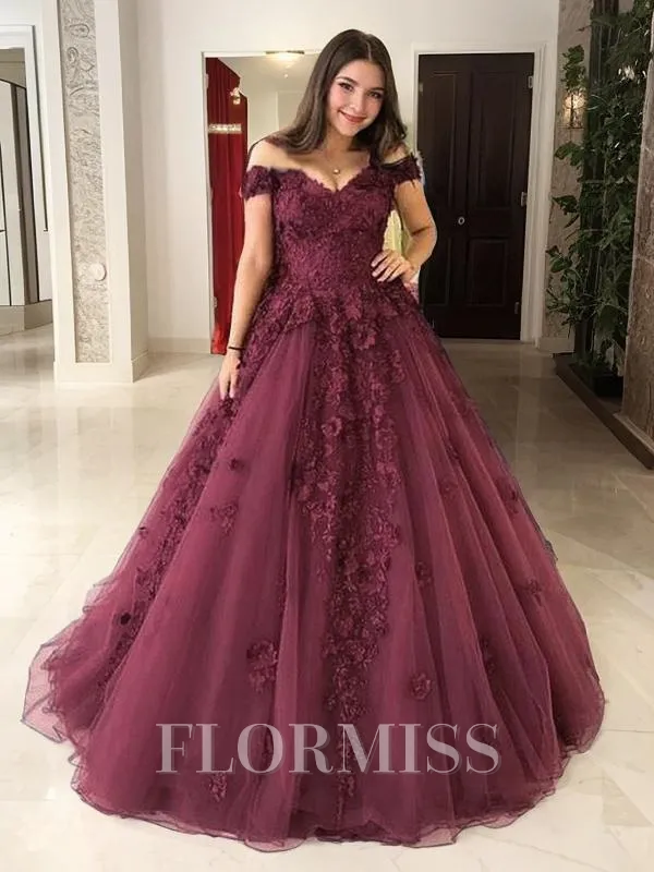 Ball Gown Off-the-Shoulder Sweep Train Tulle Prom Dress With Appliques Lace
