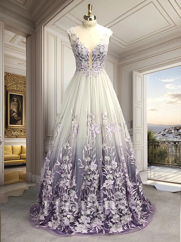 A-Line/Princess V-neck Tulle Applique Sleeveless Floor-Length Porm Dress