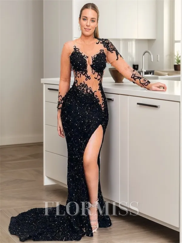 Sheath Velvet Sequins Lace Scoop Long Sleeves Chapel Train Prom Dress