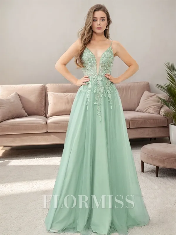 A-line V-neck Appliques Lace Floor-Length Tulle Porm Dress