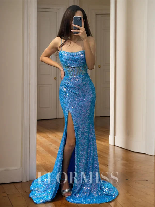 Sheath Spaghetti Straps Pleated Sweep Train Corset Porm Dress