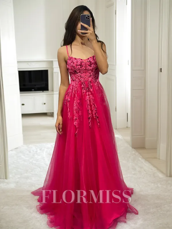 A-line Spaghetti Straps Appliques Lace Sweep Train Tulle Porm Dress