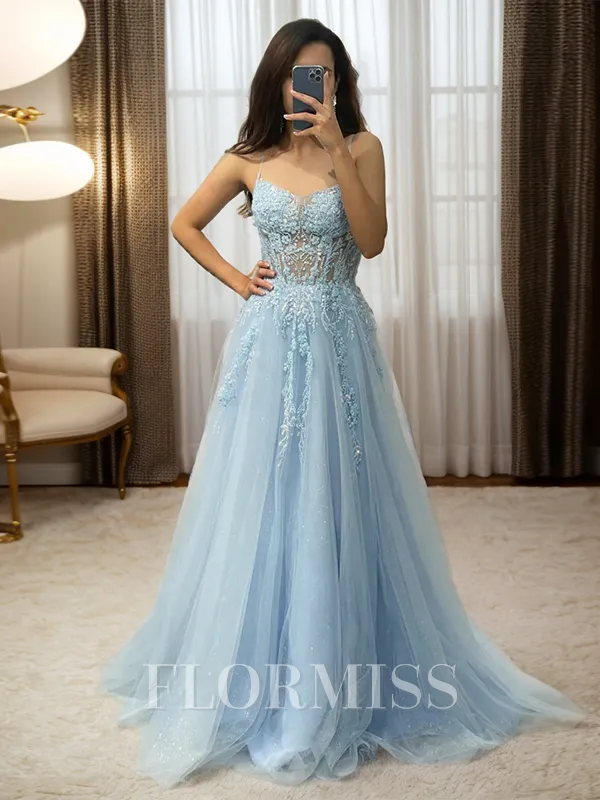 A-line Spaghetti Straps Appliques Lace Sweep Train Tulle Corset Porm Dress