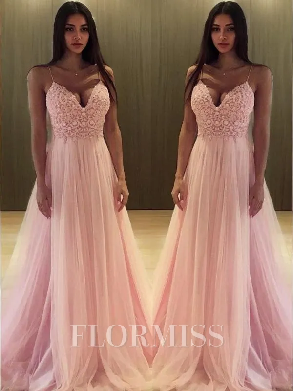 A-Line/Princess V-neck Sweep Train Tulle Prom Dress