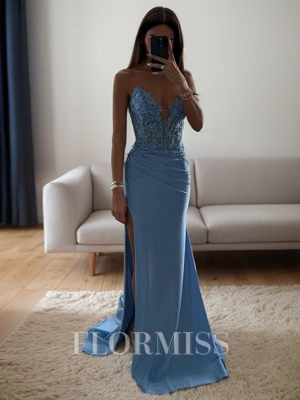 Sheath Sweetheart Appliques Lace Sweep Train Satin Corset Porm Dress