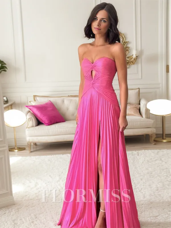 A-Line/Princess Sweetheart Sweep Train Silk Like Satin Porm Dress with Leg Slit